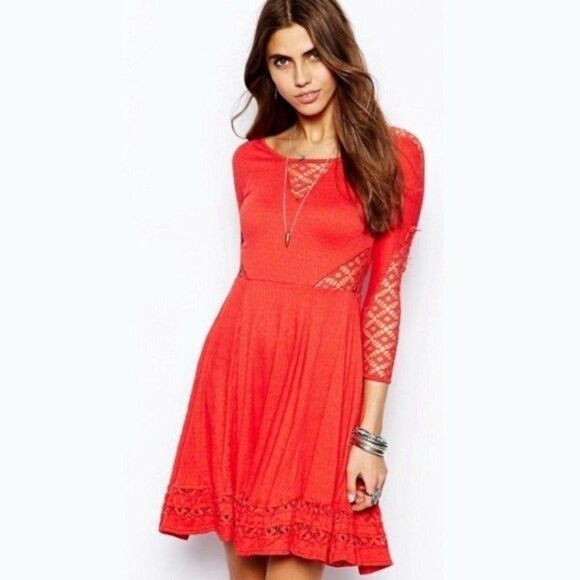 Free People Red Cut Out Lace Fit and Flare Dress - Picture 1 of 12